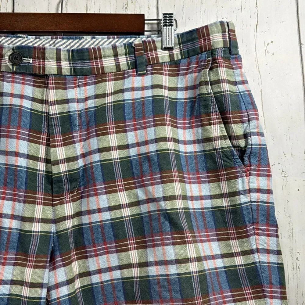 Brooks Brothers Mens Linen Blend Chino Flat Front Plaid Casual Pockets